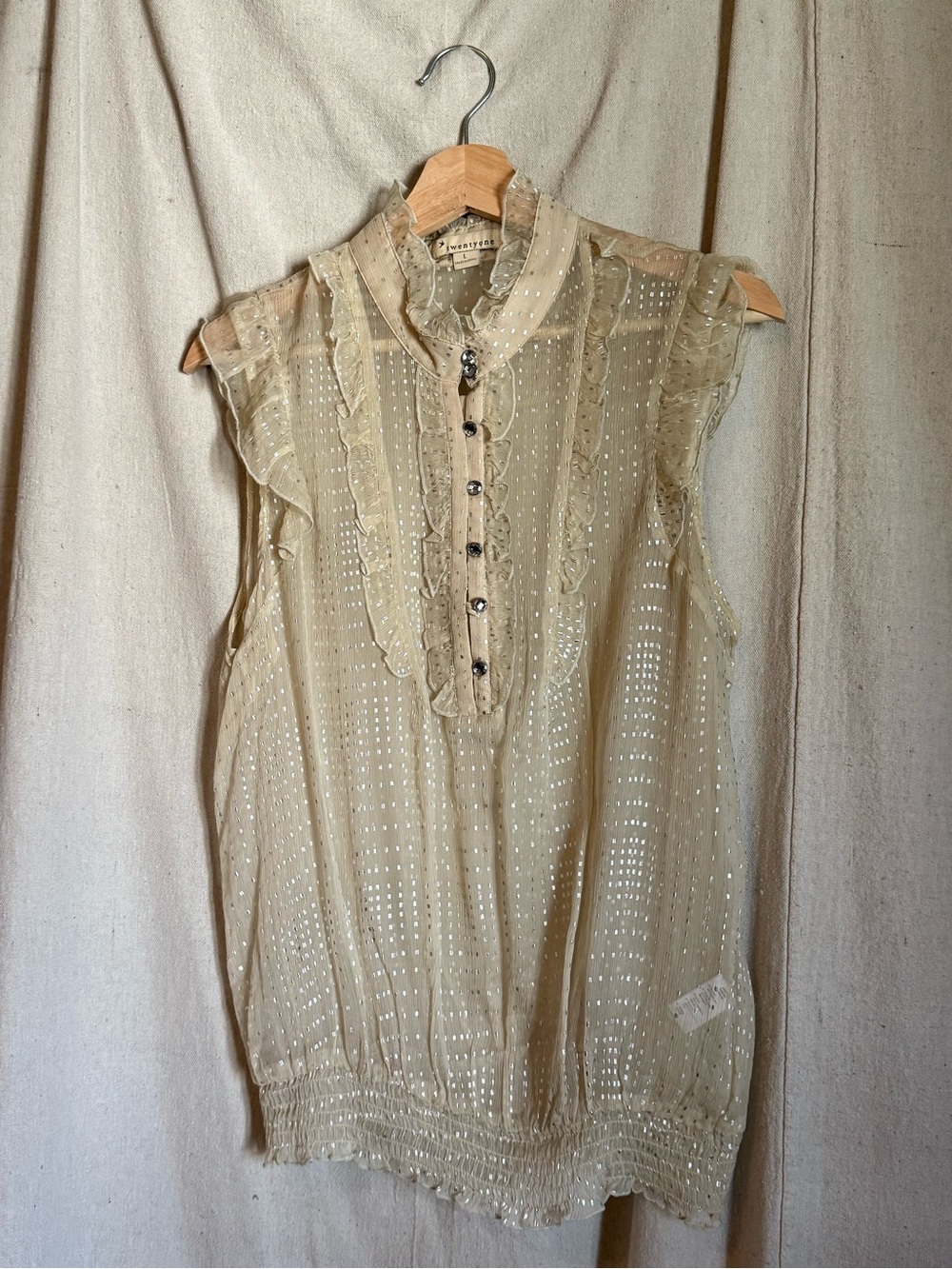Sleeveless Silk Ruffle Button Front Top - Cream